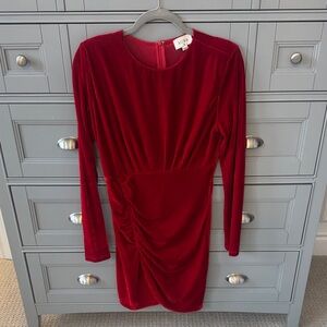 VICI Aura Deep Red Velvet Long-Sleeve Ruched Mini Dress